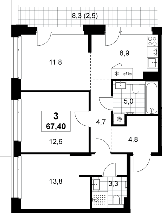 3-комн., 64.9 м², 8/8 этаж, ЖК «Хольм»