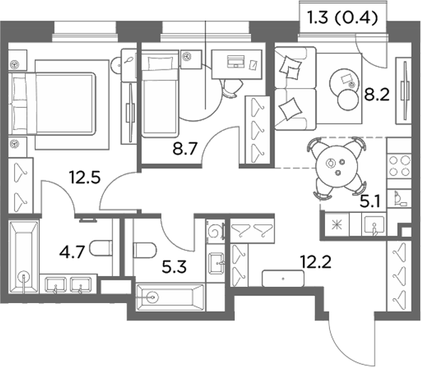 3-комн., 56.7 м², 2/6 этаж, ЖК «Станиславский»