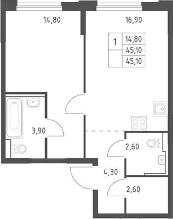 2-комн., 45.1 м², 12/20 этаж, ЖК «Химки Парк»