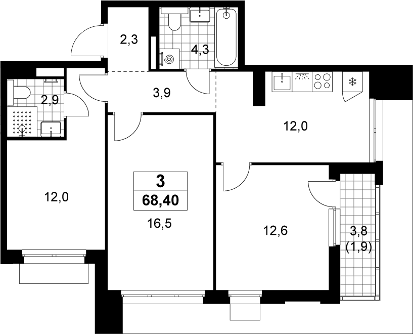 3-комн., 66.5 м², 15/22 этаж, ЖК «Деснаречье»