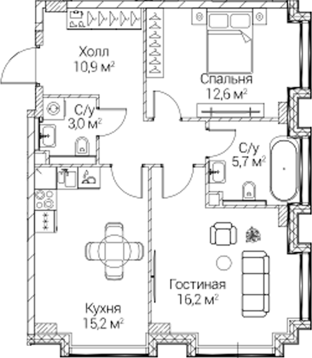 2-комн., 63.37 м², 5/6 этаж, ЖК «СЕЗАР БУДУЩЕЕ»