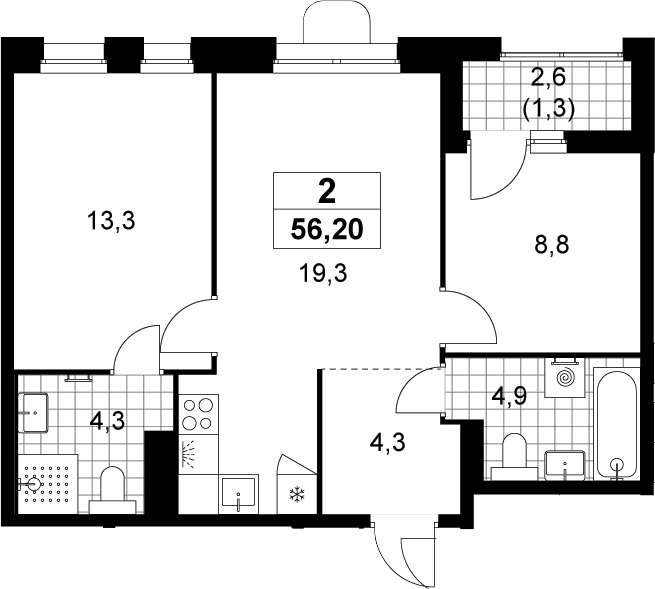 3-комн., 54.9 м², 13/14 этаж, ЖК «Прокшино»