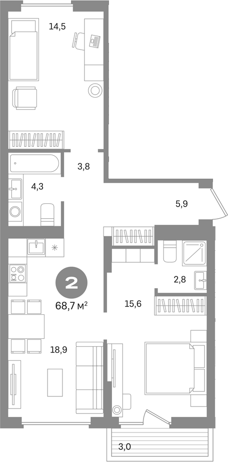 2-комн., 65.7 м², 5/9 этаж, ЖК «Первый квартал. Вторая очередь»