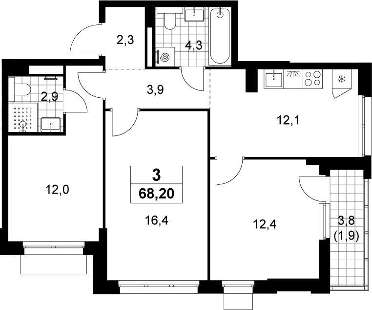 3-комн., 66.3 м², 6/22 этаж, ЖК «Деснаречье»