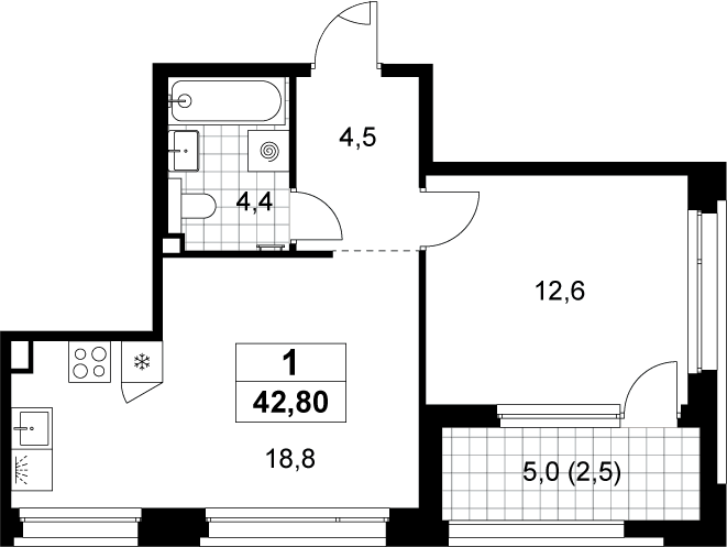 2-комн., 40.3 м², 2/8 этаж, ЖК «Хольм»