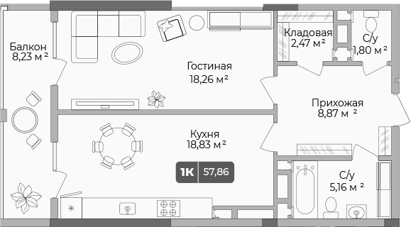 1-комн. квартира, 55.39 м² в ЖК Золотой берег. СЗ Среда — фото 2