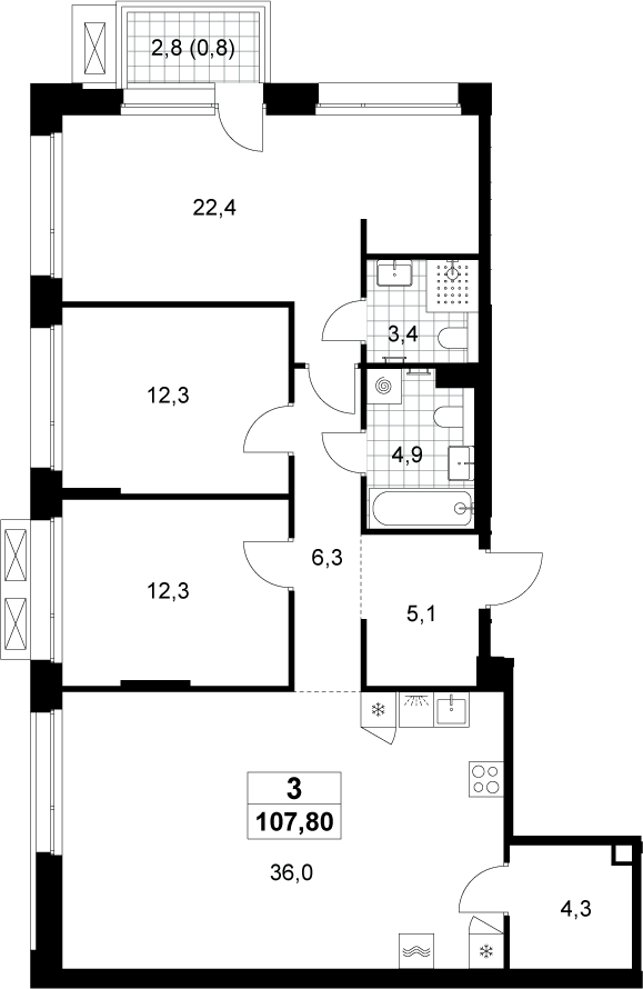4+ комнаты, 107 м², 7/8 этаж, ЖК «Хольм»