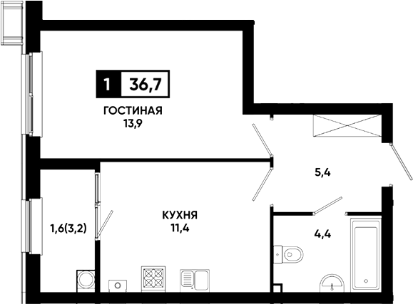 1-комн., 35.1 м², 1/23 этаж, ЖК «Резиденция Софи»