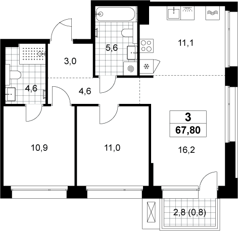 3-комн., 67 м², 4/8 этаж, ЖК «Хольм»
