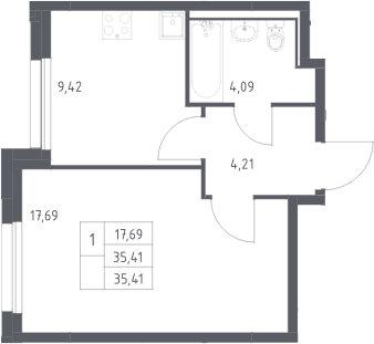 1-комн., 35.41 м², 15/16 этаж, ЖК «Прибрежный Парк»