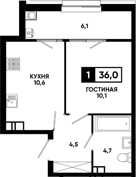 1-комн., 29.9 м², 3/12 этаж, ЖК «Кварталы 17/77»