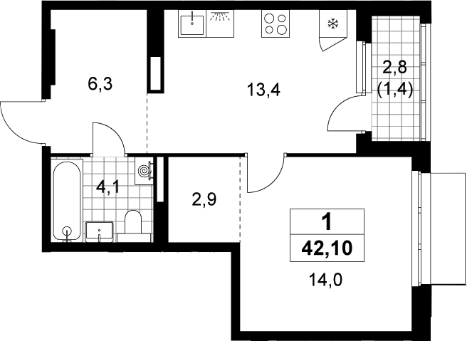1-комн., 40.7 м², 17/19 этаж, ЖК «Деснаречье»