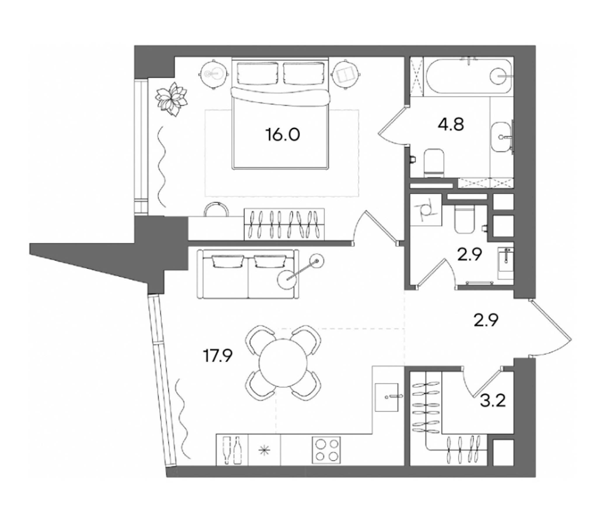 2-комн., 47.7 м², 40/50 этаж, ЖК «СТОУН Блик»