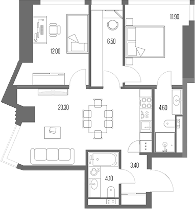 2-комн., 65.8 м², 16/54 этаж, ЖК «Северный Порт»
