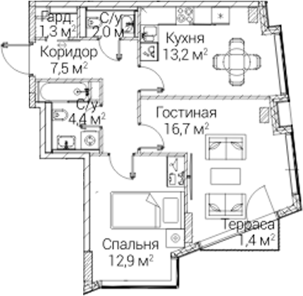 2-комн., 57 м², 7/12 этаж, ЖК «СЕЗАР БУДУЩЕЕ»