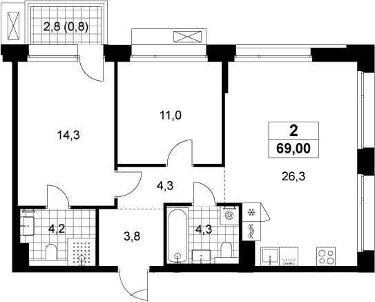 3-комн., 68.2 м², 6/8 этаж, ЖК «Хольм»
