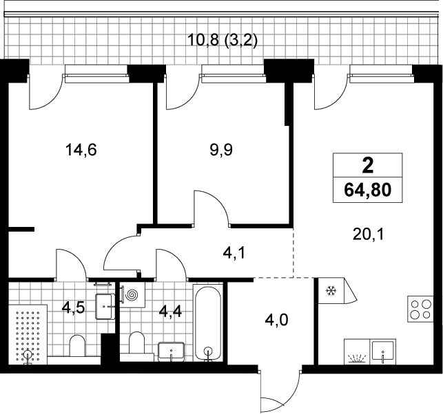 3-комн., 61.6 м², 8/8 этаж, ЖК «Хольм»