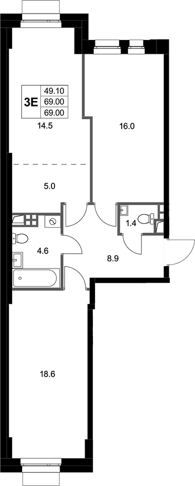 3-комн., 69 м², 2/3 этаж, ЖК «Кореневский Форт 2.3»