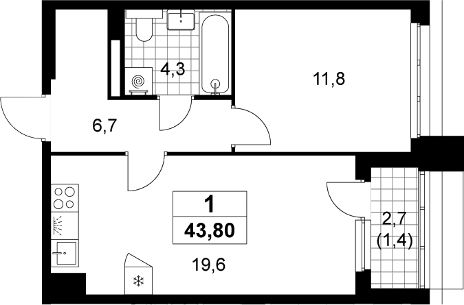 2-комн., 42.4 м², 8/15 этаж, ЖК «Деснаречье»