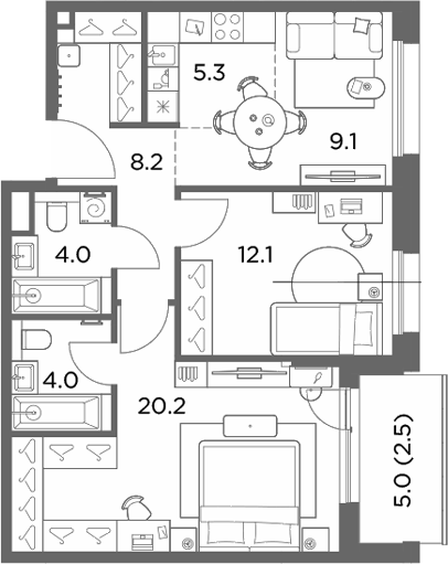 3-комн., 62.9 м², 4/6 этаж, ЖК «Станиславский»