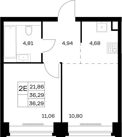 2-комн., 36.29 м², 25/32 этаж, ЖК «НОВА»