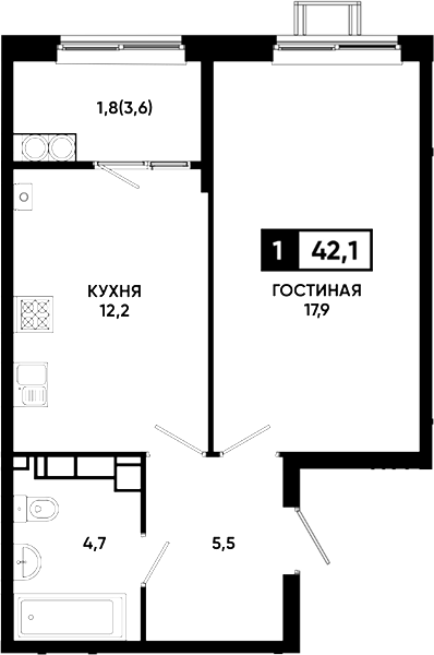 1-комн., 40.3 м², 14/23 этаж, ЖК «Резиденция Софи»