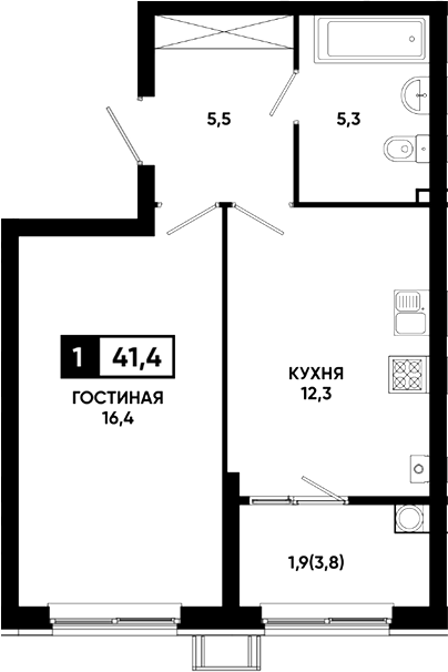 1-комн., 39.5 м², 1/23 этаж, ЖК «Резиденция Софи»