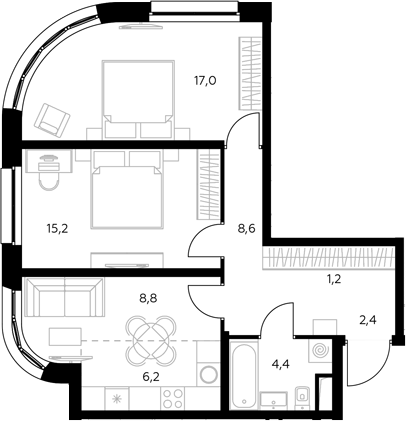 3-комн., 63.7 м², 32/43 этаж, ЖК «Адмирал»