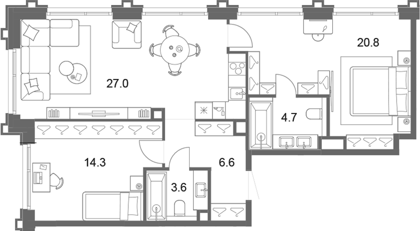 3-комн., 77 м², 15/19 этаж, ЖК «ОМ Ботанический»