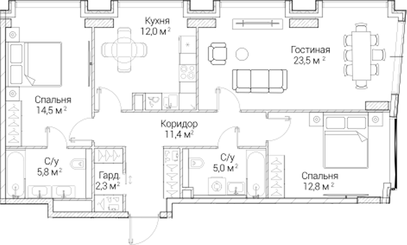 3-комн., 87.4 м², 4/6 этаж, ЖК «СЕЗАР БУДУЩЕЕ»