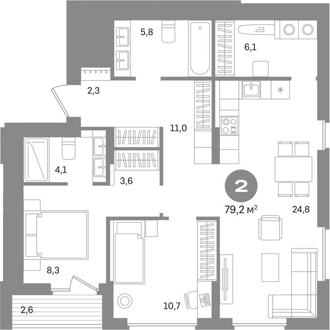 2-комн., 76.6 м², 15/17 этаж, ЖК «Первый квартал. Вторая очередь»