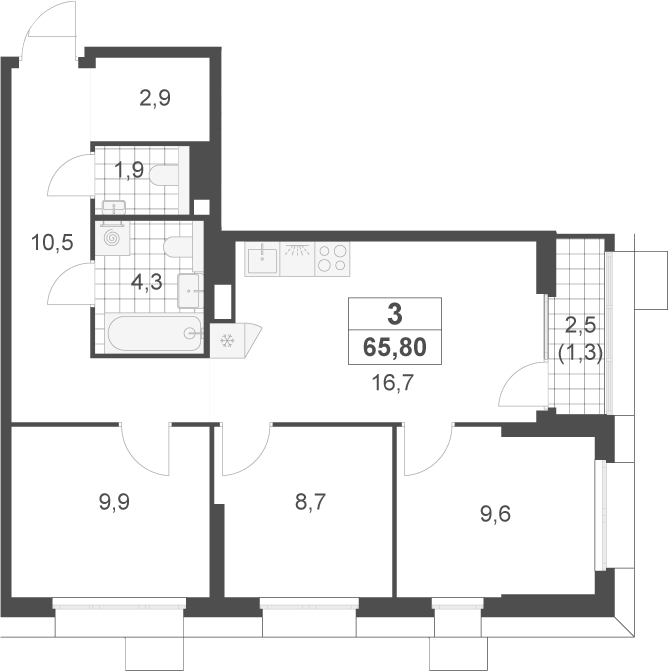 3-комн., 64.5 м², 8/22 этаж, ЖК «Скандинавия»