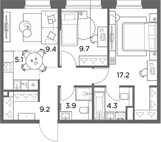 3-комн., 58.8 м², 3/4 этаж, ЖК «Станиславский»