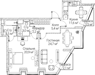 2-комн., 69.63 м², 58/60 этаж, ЖК «СЕЗАР БУДУЩЕЕ»
