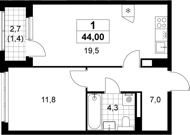 2-комн., 42.6 м², 4/12 этаж, ЖК «Деснаречье»