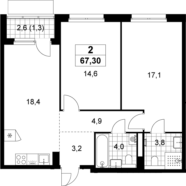 3-комн., 66 м², 12/19 этаж, ЖК «Деснаречье»