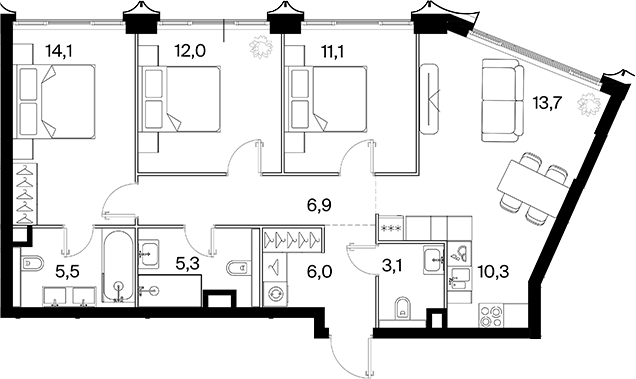 4+ комнаты, 87.9 м², 3/14 этаж, ЖК «26 ПАРКВЬЮ»