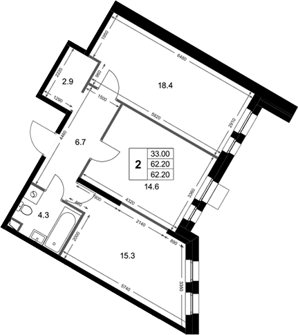 2-комн., 62.2 м², 2/3 этаж, ЖК «Кореневский Форт 2.3»