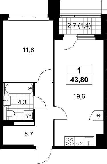 2-комн., 42.4 м², 9/15 этаж, ЖК «Деснаречье»