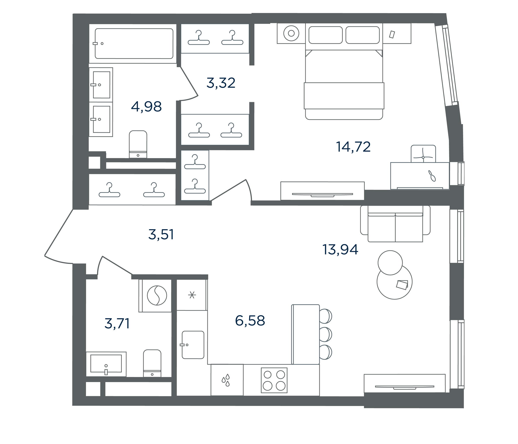 2-комн., 50.76 м², 9/30 этаж, ЖК «Сикрет Гарден»