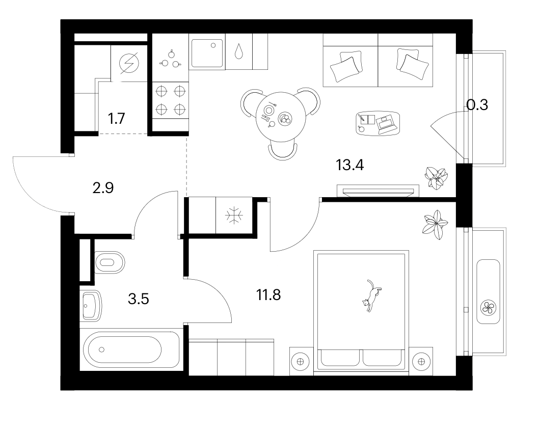 1-комн., 33.3 м², 6/10 этаж, ЖК «Зеленый парк»