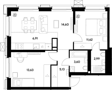 3-комн., 58.48 м², 11/25 этаж, ЖК «ЭВО»