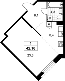 1-комн., 42.1 м², 5/15 этаж, ЖК «Хольм»