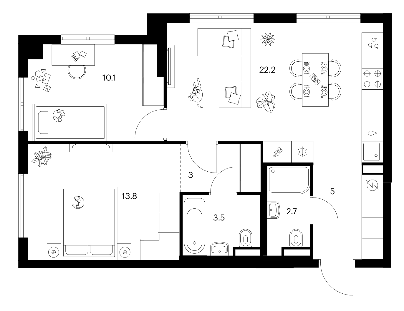 2-комн., 60.3 м², 25/25 этаж, ЖК «Ярославский»