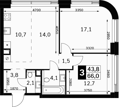 3-комн., 66 м², 19/40 этаж, ЖК «Амбер Сити»