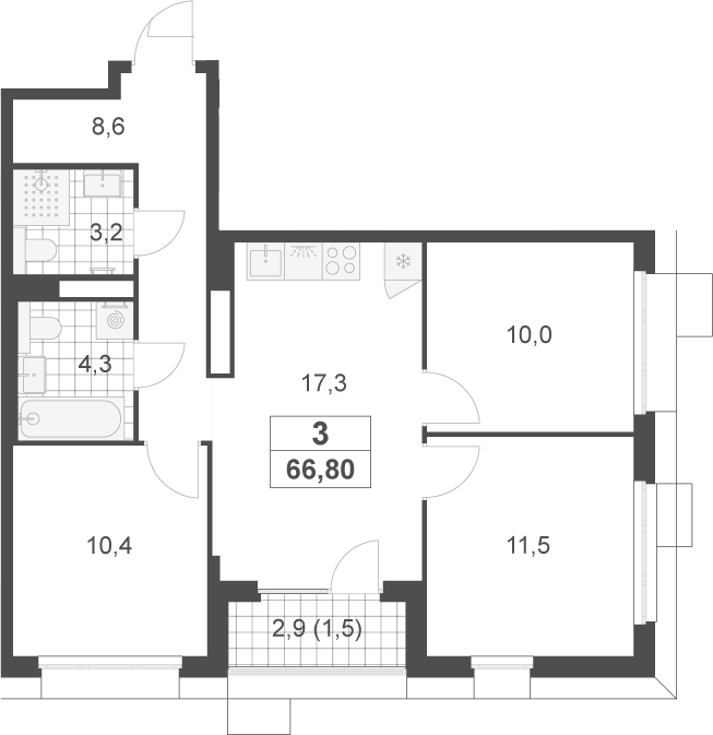 4+ комнаты, 65.3 м², 4/17 этаж, ЖК «Скандинавия»