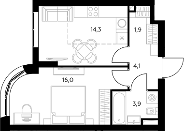 1-комн., 40.5 м², 9/43 этаж, ЖК «Адмирал»