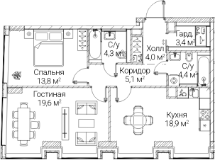 2-комн., 73.39 м², 42/60 этаж, ЖК «СЕЗАР БУДУЩЕЕ»