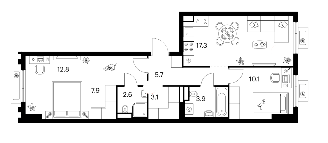 2-комн., 63.4 м², 5/18 этаж, ЖК «Белая Дача парк»
