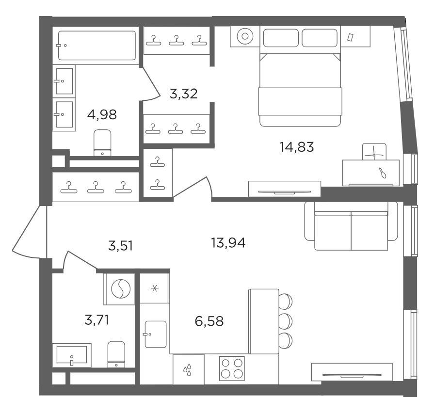 2-комн., 50.87 м², 7/30 этаж, ЖК «Сикрет Гарден»